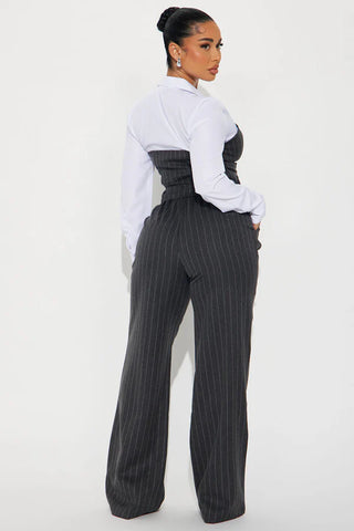 In Attendance Pinstripe Wide Leg Pant Set - Black