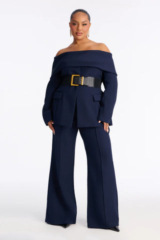 Bethany Off Shoulder Belted Pant Set - Navy