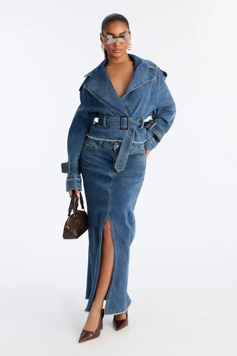 Frida Denim Belted Maxi Skirt Set