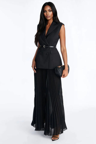 Aria Belted Blazer Pleated Maxi Skirt Set