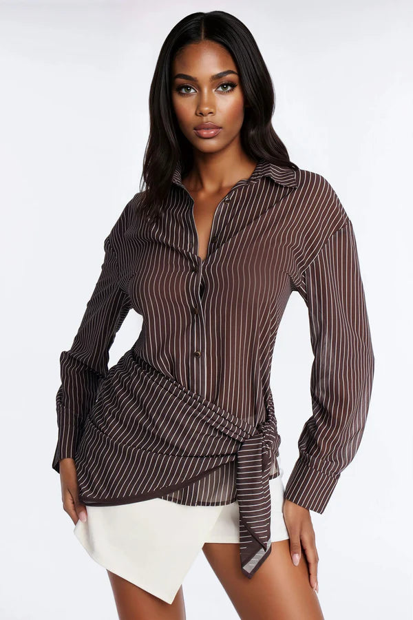 No Filters Wrap Over Tie Waist Pinstripe Shirt