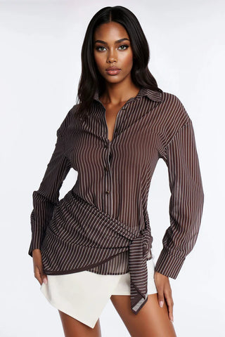 No Filters Wrap Over Tie Waist Pinstripe Shirt