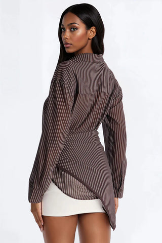 No Filters Wrap Over Tie Waist Pinstripe Shirt