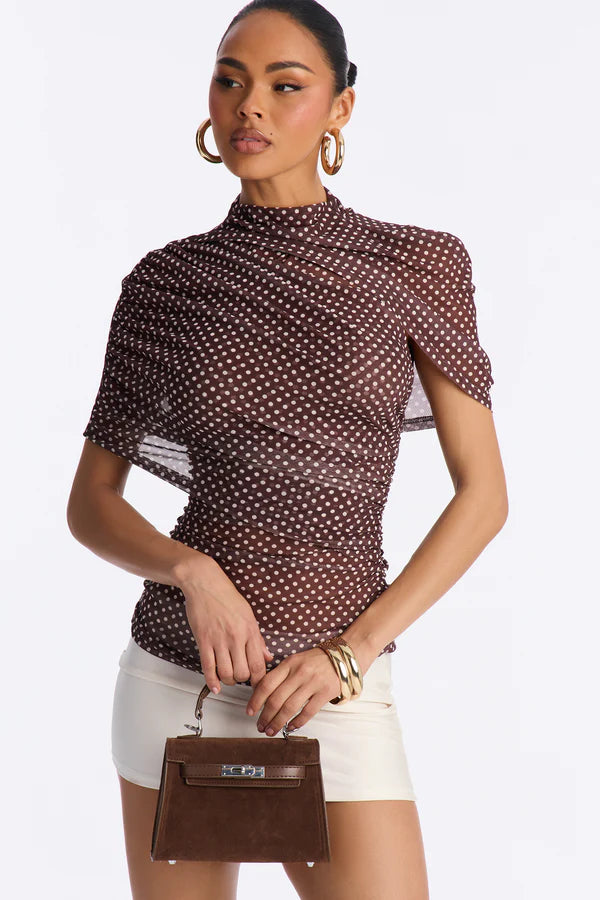 Kendall Mesh Polka Dot Mock Neck Short Sleeve Top