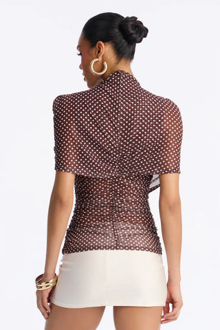 Kendall Mesh Polka Dot Mock Neck Short Sleeve Top