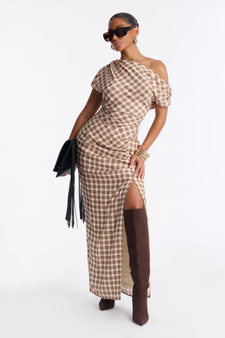 Too Unbothered Plaid Maxi Dress - Brown/combo