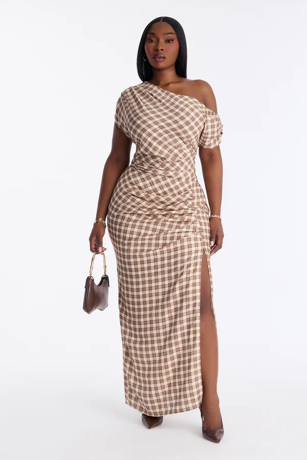 Too Unbothered Plaid Maxi Dress - Brown/combo