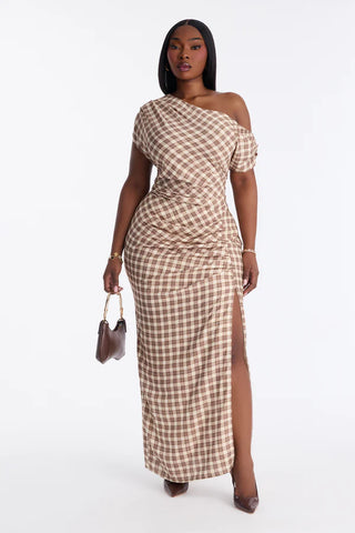 Too Unbothered Plaid Maxi Dress - Brown/combo