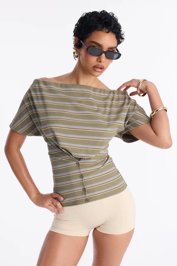 Katie Striped Off Shoulder Short Sleeve Fitted Top