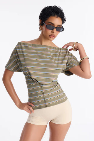 Katie Striped Off Shoulder Short Sleeve Fitted Top