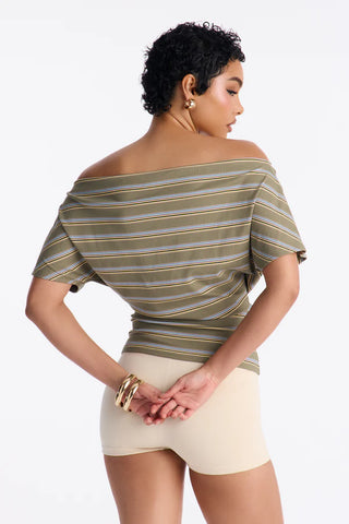 Katie Striped Off Shoulder Short Sleeve Fitted Top