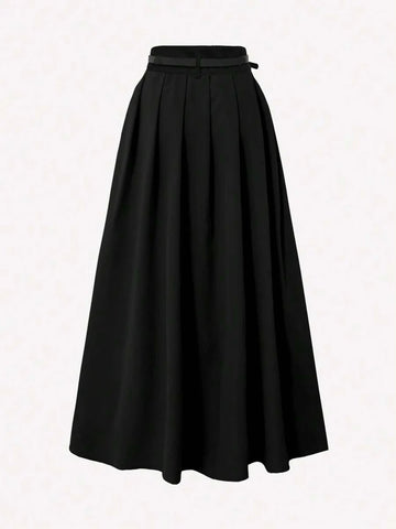 Pleated High Waist Decorative Belt Skirt With Pockets