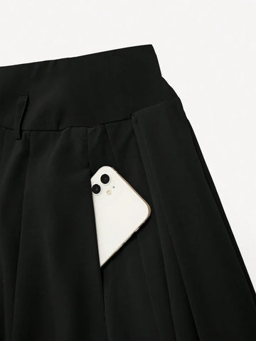 Pleated High Waist Decorative Belt Skirt With Pockets