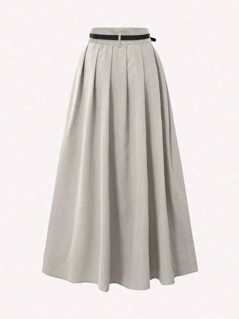 Pleated High Waist Decorative Belt Skirt With Pockets