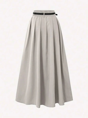 Pleated High Waist Decorative Belt Skirt With Pockets
