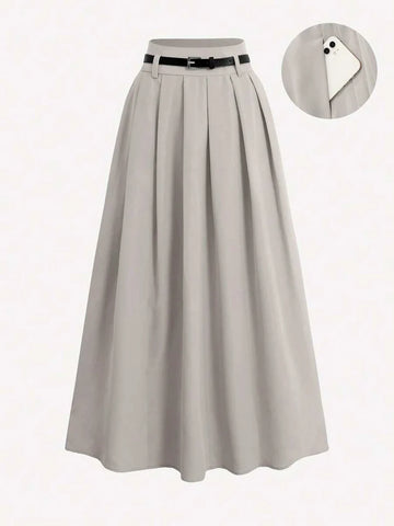 Pleated High Waist Decorative Belt Skirt With Pockets