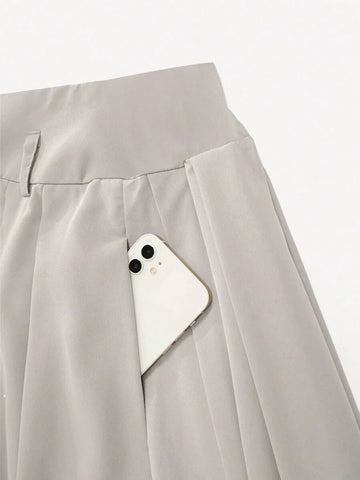 Pleated High Waist Decorative Belt Skirt With Pockets
