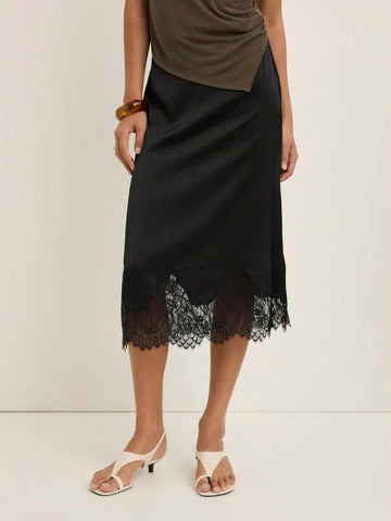 Elegant Black Asymmetrical Lace Hem Skirt With Fringe