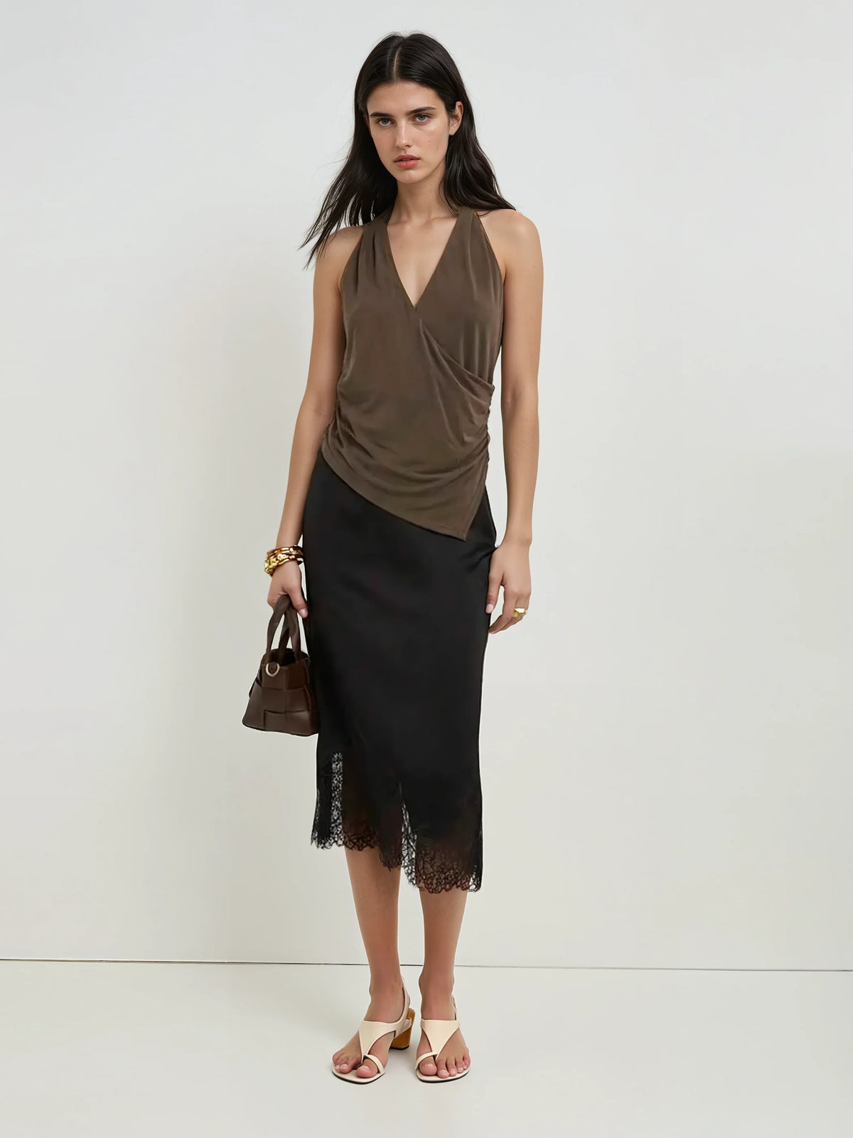 Elegant Black Asymmetrical Lace Hem Skirt With Fringe