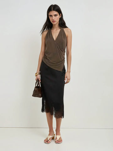 Elegant Black Asymmetrical Lace Hem Skirt With Fringe