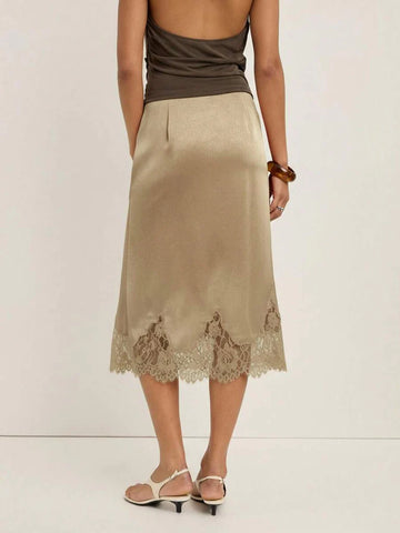 Elegant Black Asymmetrical Lace Hem Skirt With Fringe