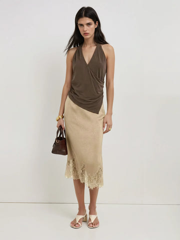 Elegant Black Asymmetrical Lace Hem Skirt With Fringe