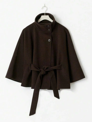 Hooded Belted Wool Cape Coat