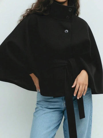 Hooded Belted Wool Cape Coat