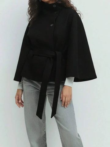 Hooded Belted Wool Cape Coat