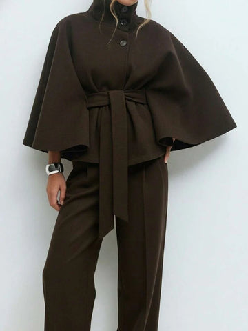 Hooded Belted Wool Cape Coat