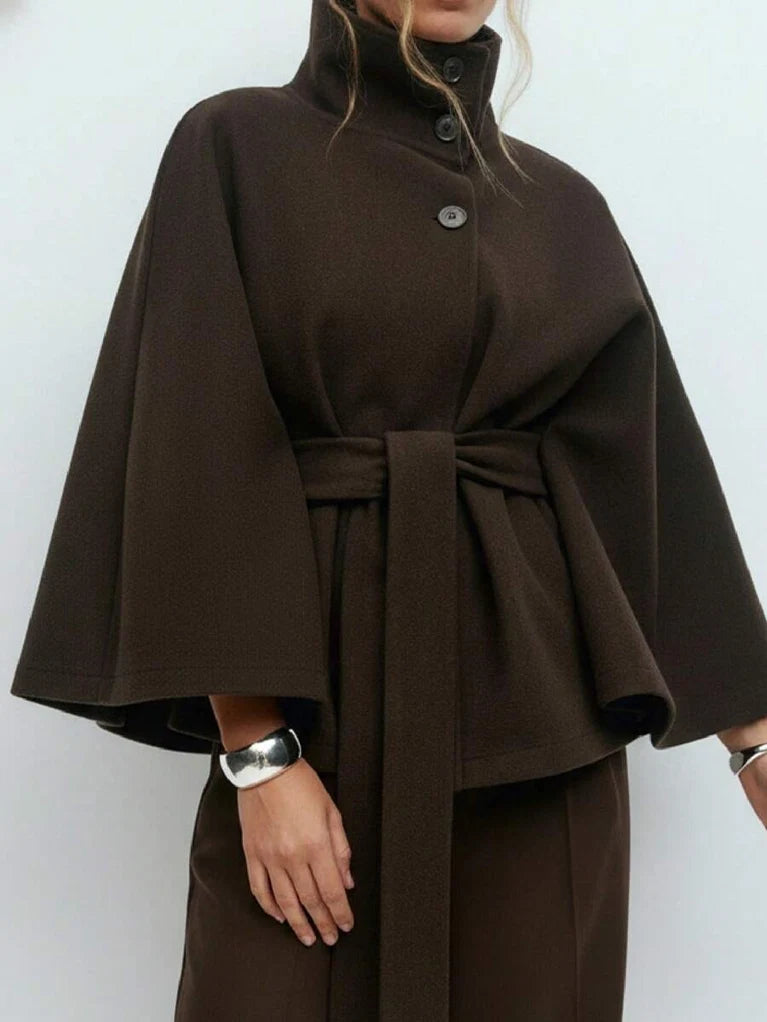 Hooded Belted Wool Cape Coat