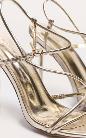 Gold Wide Fit Pu Strappy Asymmetric Buckle High Stiletto Heeled Sandals