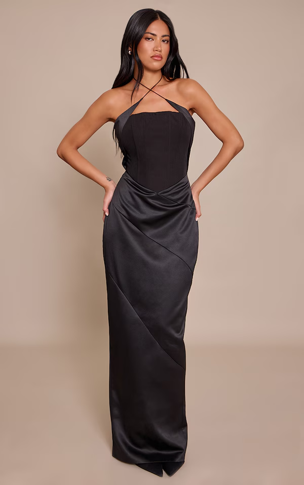Black Woven Corset Halterneck Maxi Dress