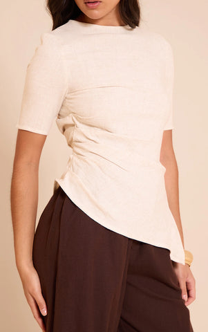 Beige Lightweight Woven Ruched Side Detail T Shirt