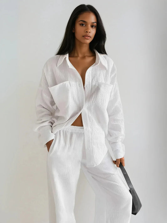 Casual Loose Minimalist Cotton Shirt & Pants Matching Set