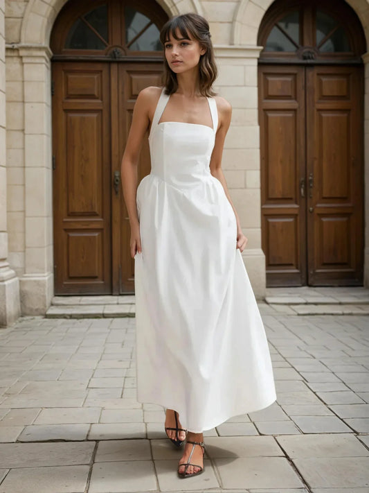 Simple and Chic Cotton & Linen Halter A Line Long Dress