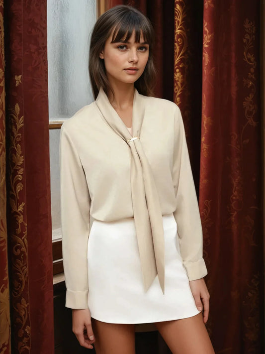 Collar Metal Hook Long Sleeve Blouse With Tie