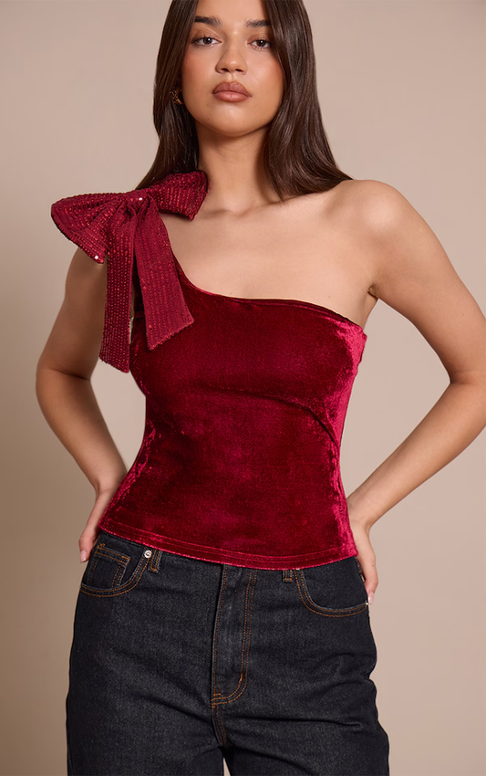 Asymmetric Velvet Sequin Bow Detail Long Top
