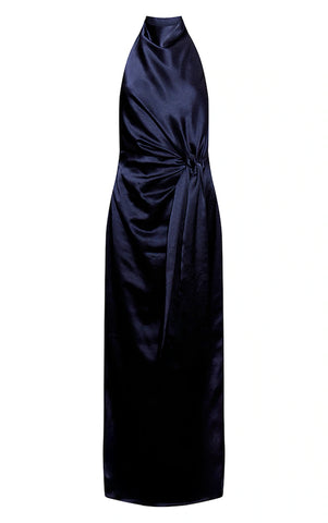 Navy Satin Tie Knot Drape Detail Maxi Dress
