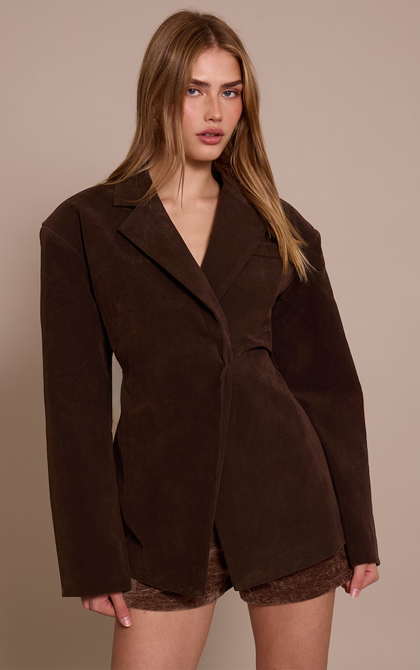 Chocolate Suede Cinch Waist Blazer