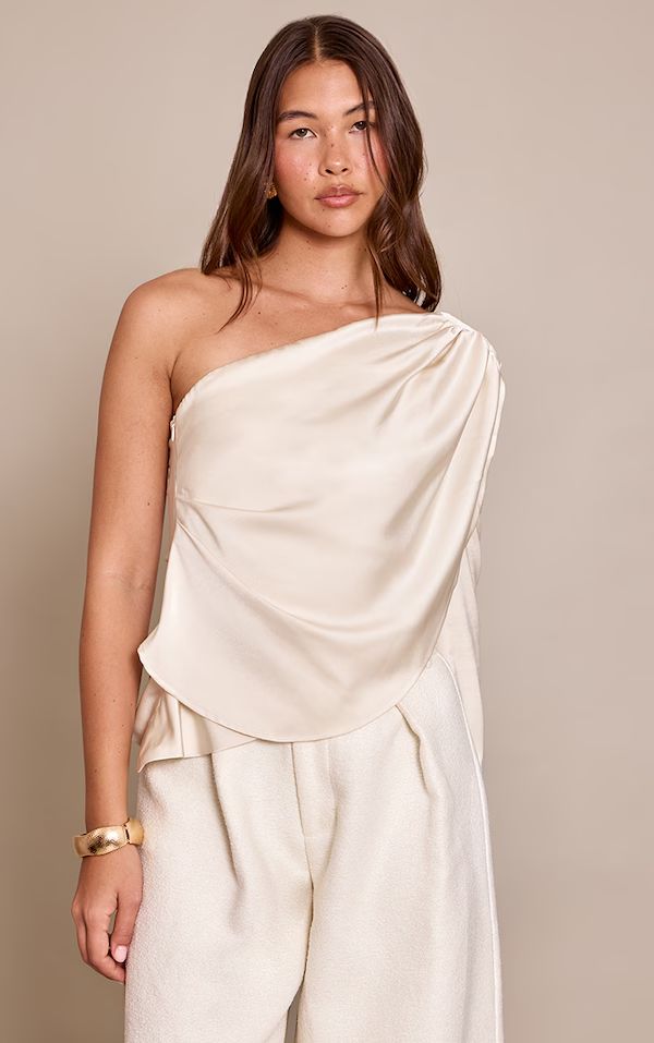 Cream Satin One Shoulder Top