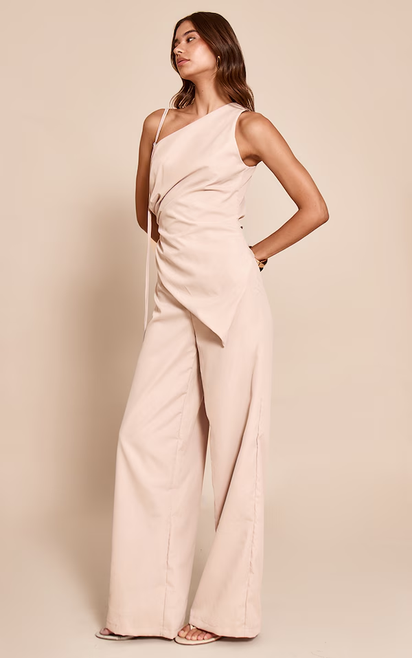 Cream Woven One Shoulder Wide Leg Jumpsuit