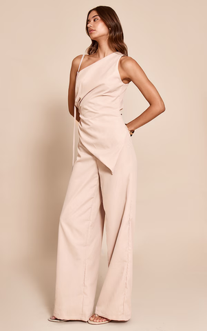 Cream Woven One Shoulder Wide Leg Jumpsuit