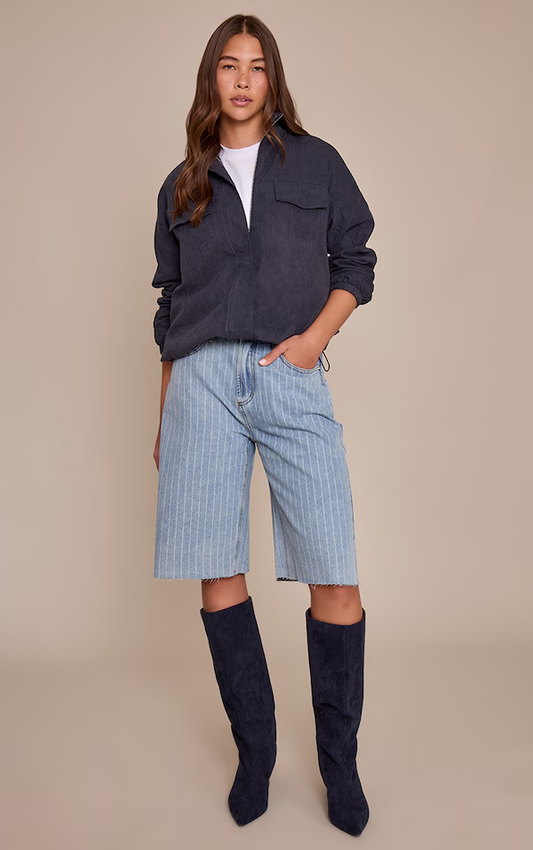 Pinstripe Long Line Denim Shorts