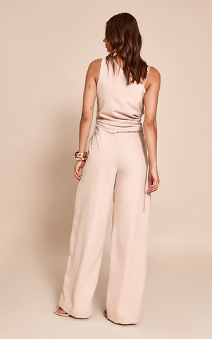 Cream Woven One Shoulder Wide Leg Jumpsuit