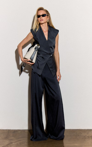 Navy Ruched Sleeveless Blazer