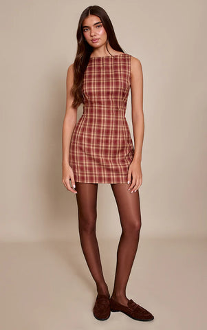 Check Boat Neck Sleeveless Shift Dress