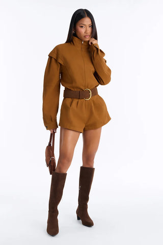 Rhea Twill Long Sleeve Belted Romper