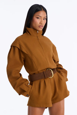Rhea Twill Long Sleeve Belted Romper
