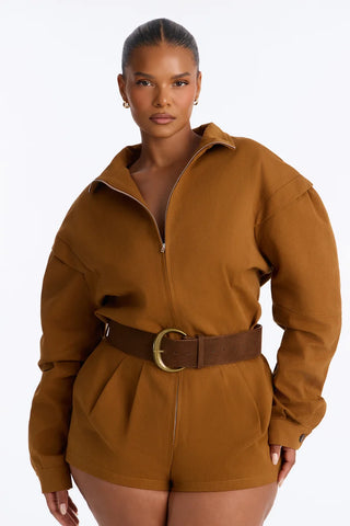 Rhea Twill Long Sleeve Belted Romper